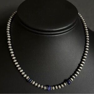 Sterling Silver 4mm Pearls with Lapis Bead Necklace Choker. 14 inch